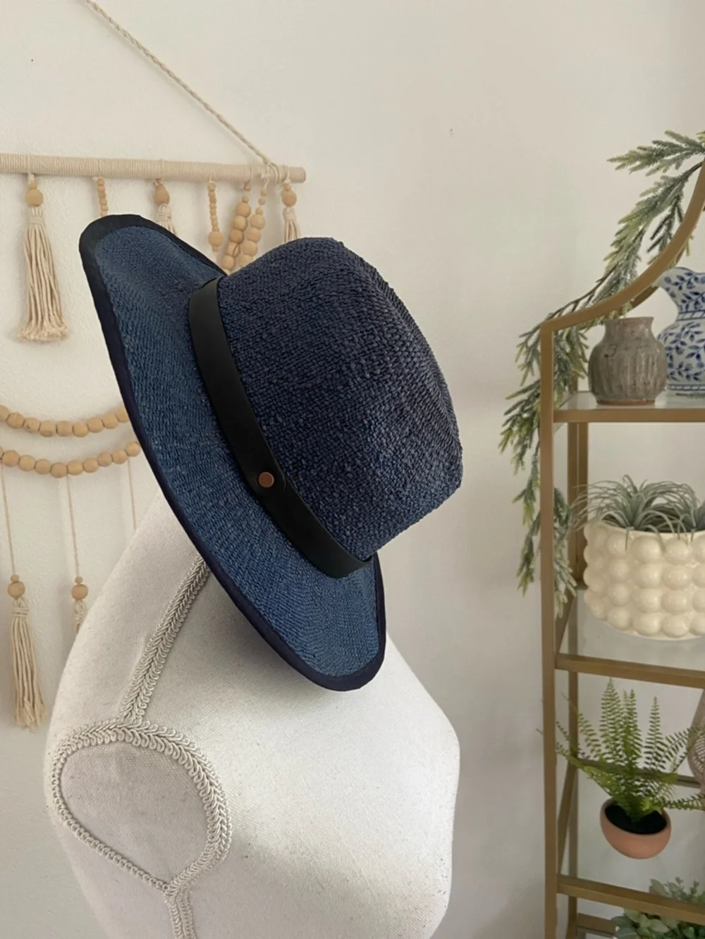 G-Star blue straw fedora hat derlil womens hat vegan leather strap OSFM